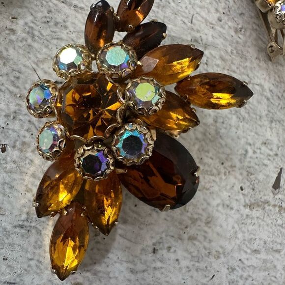 Vintage Rootbeer Citrine 1960s Rhinestone Beooch And Earrings Set - Picture 2 of 8
